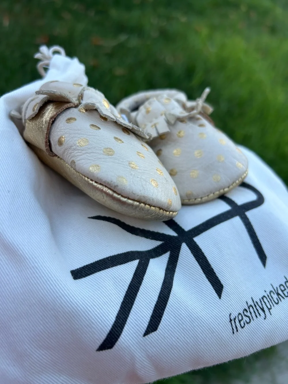 Freshly Picked Cream Moccasins with Gold Polka Dots